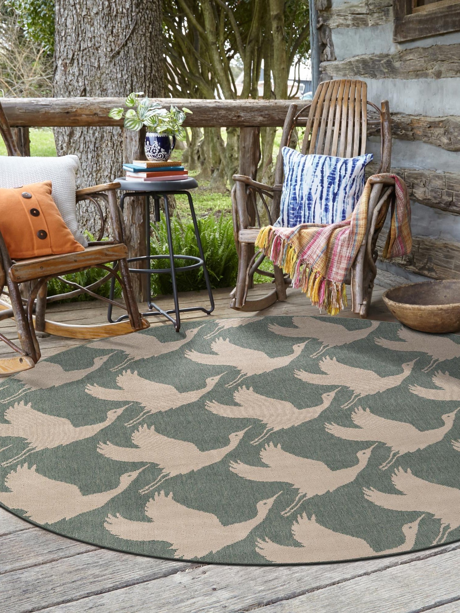 Stone Blue 6' 1 x 6' 1 Outdoor Coastal Round Area Rug Weather Resistant for Patio, Deck, Terrace, Balcony, Porch 100% Polypropylene Coastal Decor Carpet for Sale at Rug Engine
