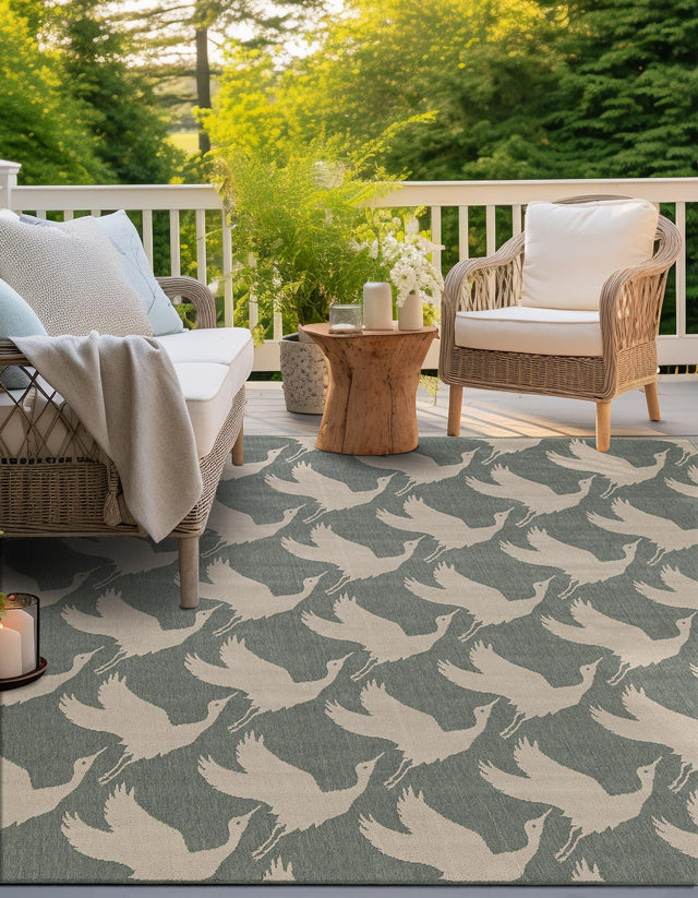 Stone Blue 7' 10 x 7' 10 Outdoor Coastal Square Area Rug Weather Resistant for Patio, Deck, Terrace, Balcony, Porch 100% Polypropylene Coastal Decor Carpet for Sale at Rug Engine