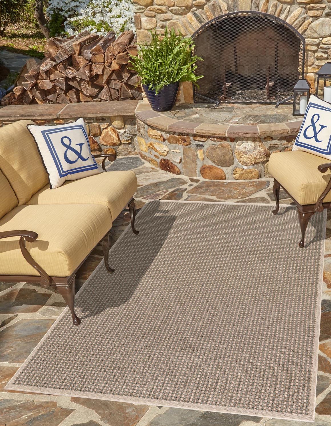 Brown 6' 1 x 9' Outdoor Border Rectangle Area Rug Weather Resistant for Patio, Deck, Terrace, Balcony, Porch 100% Polypropylene Classic Bordered Carpet for Sale at Rug Engine