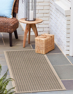 Brown 2' 7 x 12' Outdoor Border Runner Area Rug Weather Resistant for Patio, Deck, Terrace, Balcony, Porch 100% Polypropylene Classic Bordered Carpet for Sale at Rug Engine