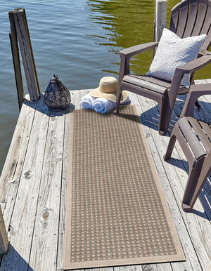 Brown 2' x 8' Outdoor Border Runner Area Rug Weather Resistant for Patio, Deck, Terrace, Balcony, Porch 100% Polypropylene Classic Bordered Carpet for Sale at Rug Engine