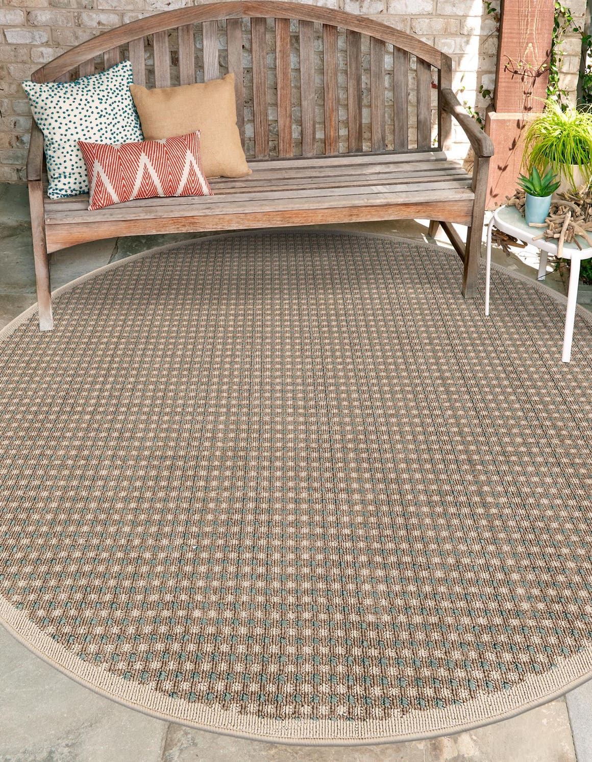 Brown 7' 10 x 7' 10 Outdoor Border Round Area Rug Weather Resistant for Patio, Deck, Terrace, Balcony, Porch 100% Polypropylene Classic Bordered Carpet for Sale at Rug Engine