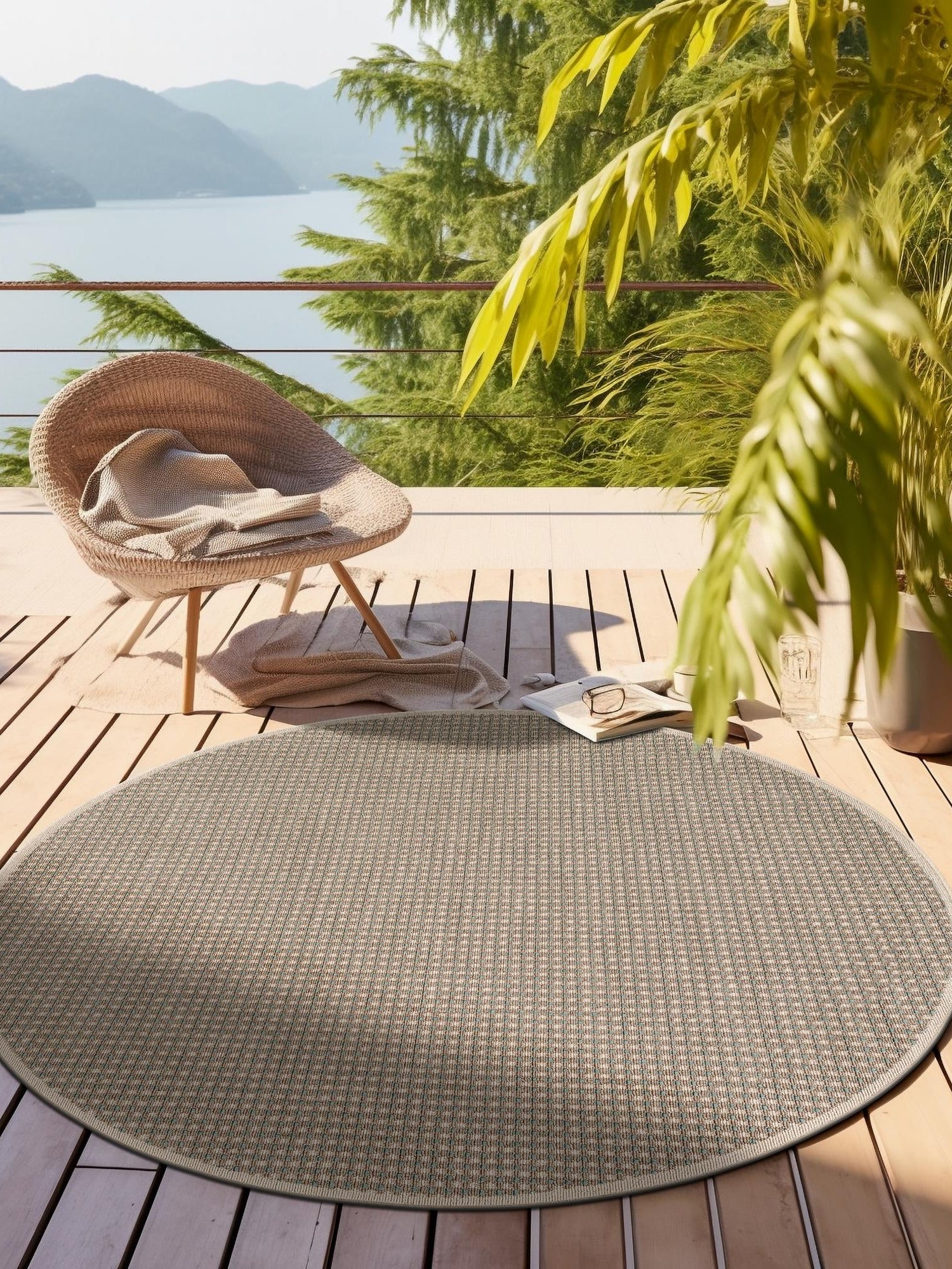 Brown 7' 10 x 7' 10 Outdoor Border Round Area Rug Weather Resistant for Patio, Deck, Terrace, Balcony, Porch 100% Polypropylene Classic Bordered Carpet for Sale at Rug Engine