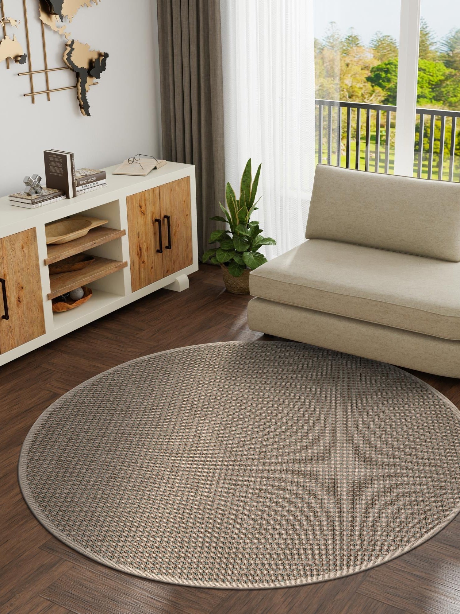Brown 5' 1 x 5' 1 Outdoor Border Round Area Rug Weather Resistant for Patio, Deck, Terrace, Balcony, Porch 100% Polypropylene Classic Bordered Carpet for Sale at Rug Engine
