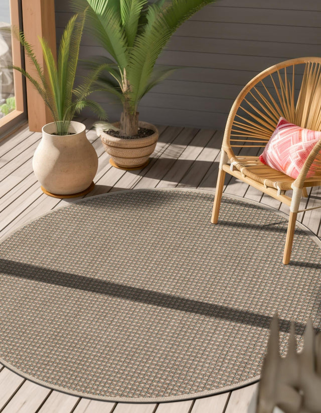 Brown 4' 1 x 4' 1 Outdoor Border Round Area Rug Weather Resistant for Patio, Deck, Terrace, Balcony, Porch 100% Polypropylene Classic Bordered Carpet for Sale at Rug Engine