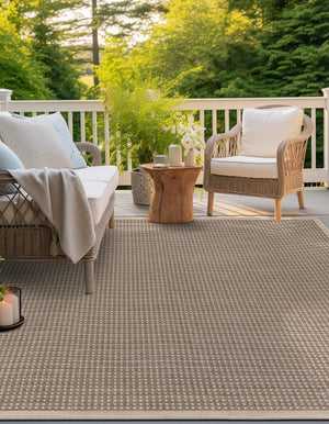Brown 7' 10 x 7' 10 Outdoor Border Square Area Rug Weather Resistant for Patio, Deck, Terrace, Balcony, Porch 100% Polypropylene Classic Bordered Carpet for Sale at Rug Engine