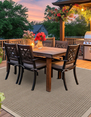 Brown 7' 10 x 7' 10 Outdoor Border Square Area Rug Weather Resistant for Patio, Deck, Terrace, Balcony, Porch 100% Polypropylene Classic Bordered Carpet for Sale at Rug Engine