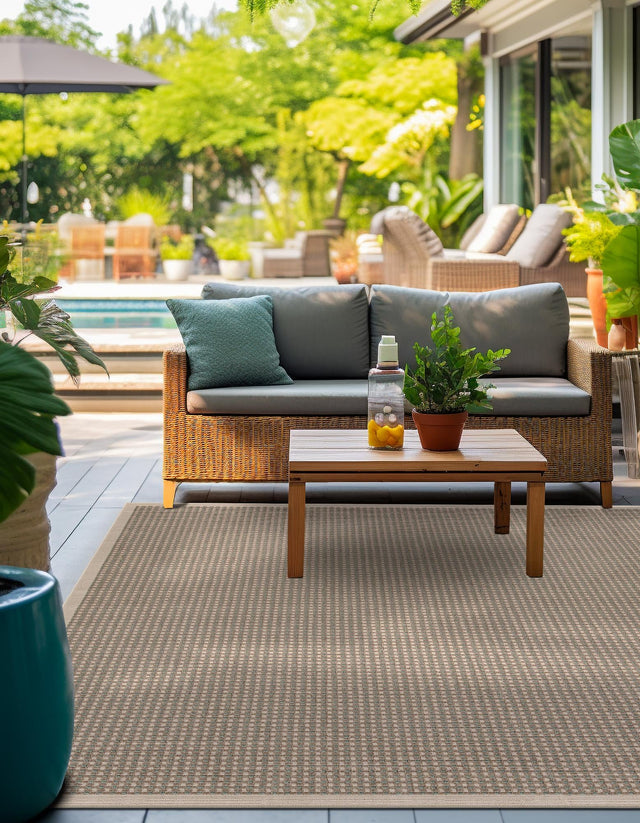 Brown 7' 10 x 7' 10 Outdoor Border Square Area Rug Weather Resistant for Patio, Deck, Terrace, Balcony, Porch 100% Polypropylene Classic Bordered Carpet for Sale at Rug Engine