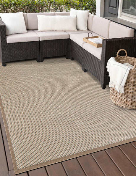 Beige 10' x 14' 1 Outdoor Border Rectangle Area Rug Weather Resistant for Patio, Deck, Terrace, Balcony, Porch