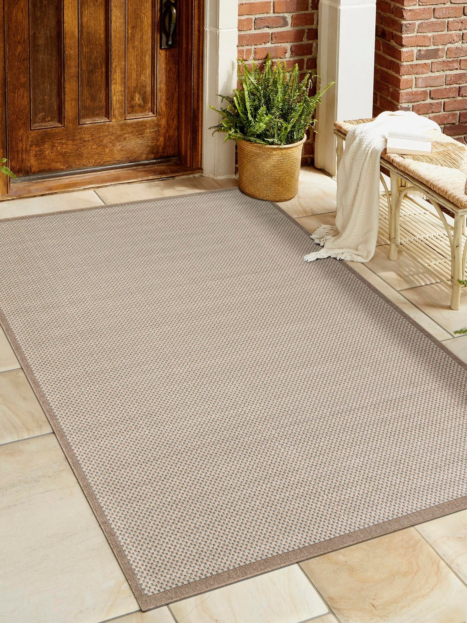 Beige 5' 1 x 8' Outdoor Border Rectangle Area Rug Weather Resistant for Patio, Deck, Terrace, Balcony, Porch 100% Polypropylene Classic Bordered Carpet for Sale at Rug Engine
