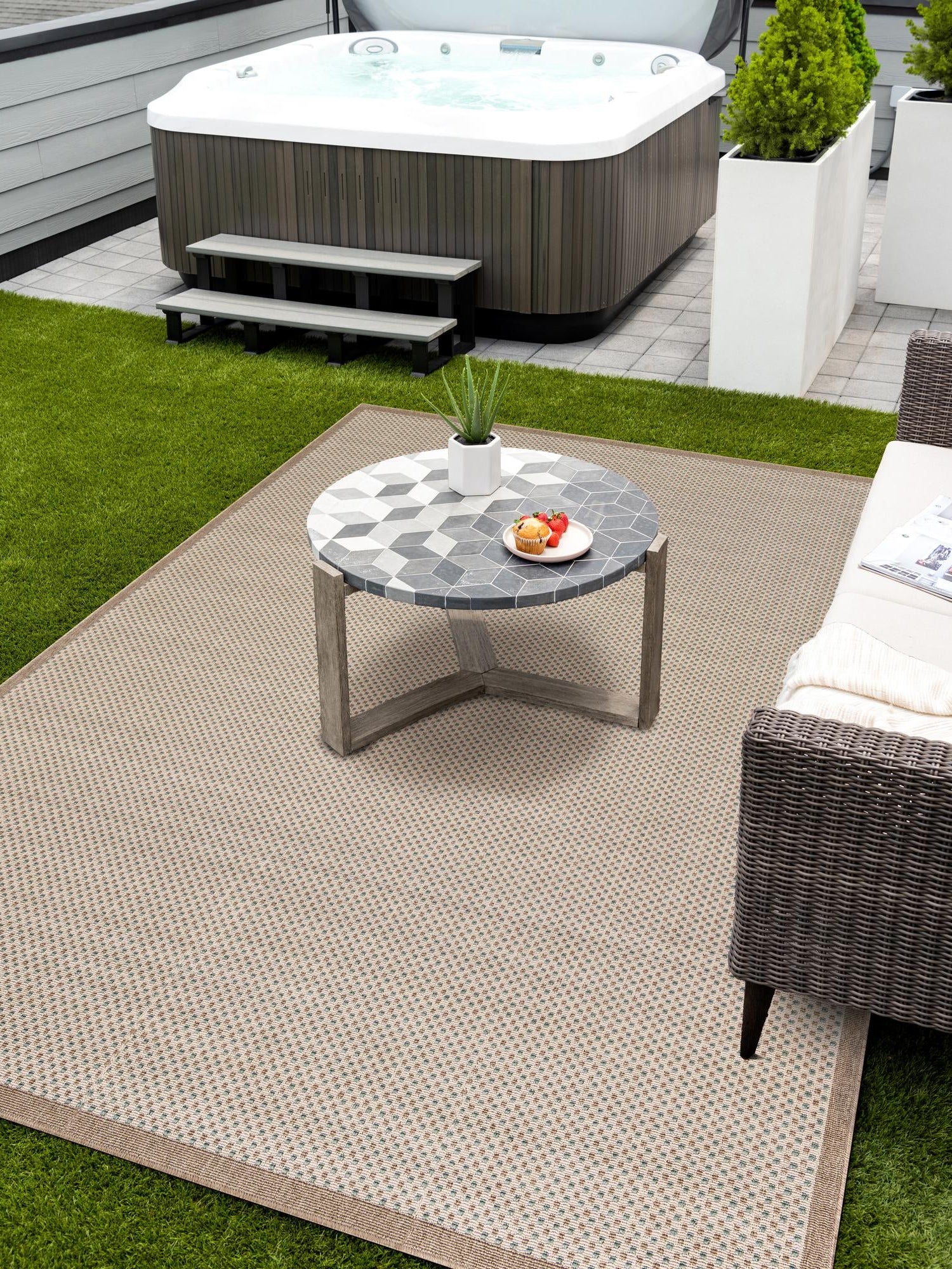 Beige 6' 1 x 9' Outdoor Border Rectangle Area Rug Weather Resistant for Patio, Deck, Terrace, Balcony, Porch 100% Polypropylene Classic Bordered Carpet for Sale at Rug Engine