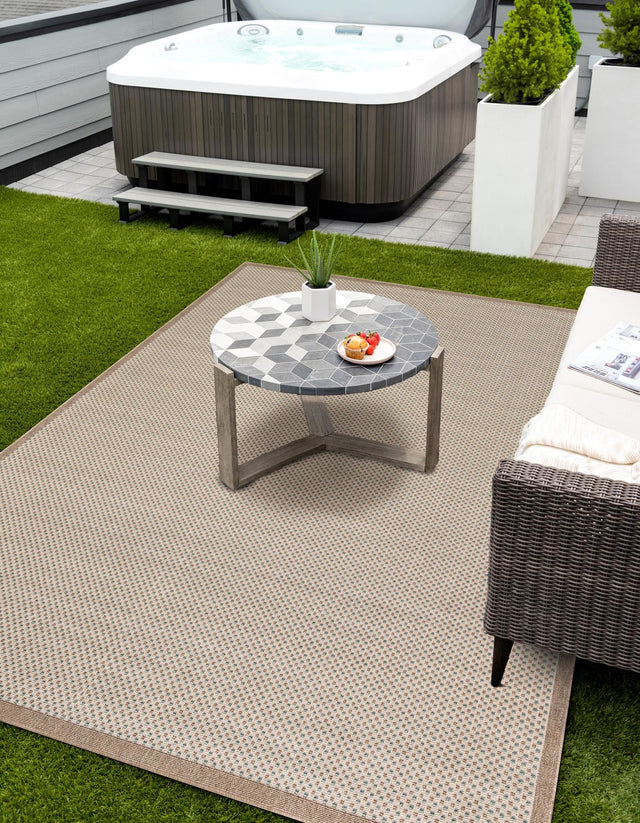 Beige 9' x 12' Outdoor Border Rectangle Area Rug Weather Resistant for Patio, Deck, Terrace, Balcony, Porch 100% Polypropylene Classic Bordered Carpet for Sale at Rug Engine