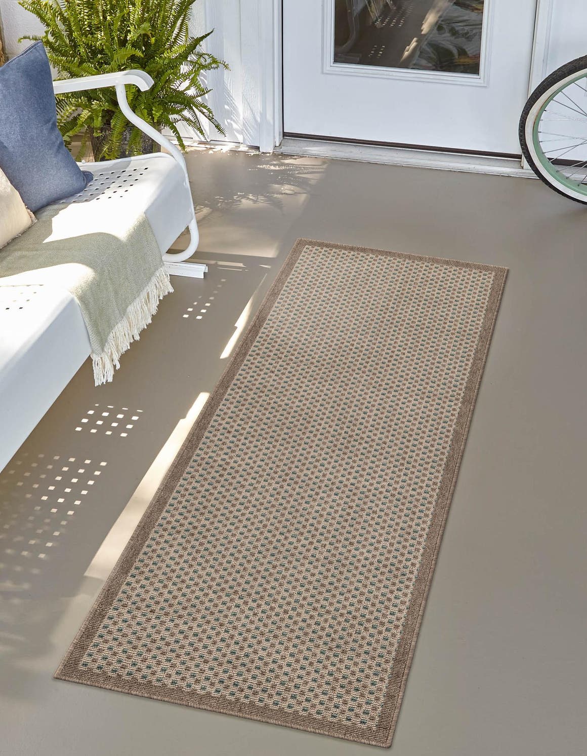 Beige 2' x 8' Outdoor Border Runner Area Rug Weather Resistant for Patio, Deck, Terrace, Balcony, Porch 100% Polypropylene Classic Bordered Carpet for Sale at Rug Engine