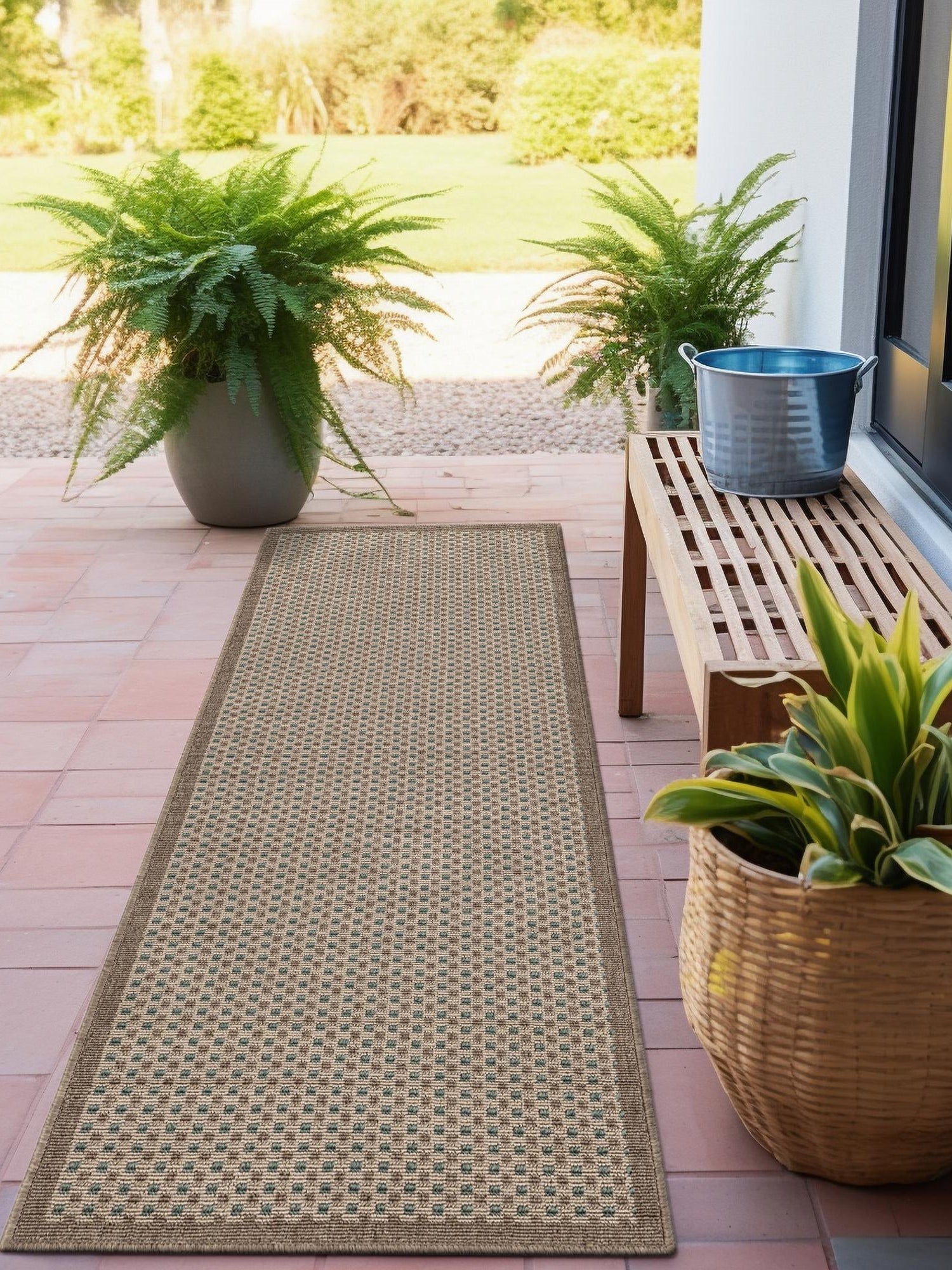 Beige 2' x 6' 1 Outdoor Border Runner Area Rug Weather Resistant for Patio, Deck, Terrace, Balcony, Porch 100% Polypropylene Classic Bordered Carpet for Sale at Rug Engine