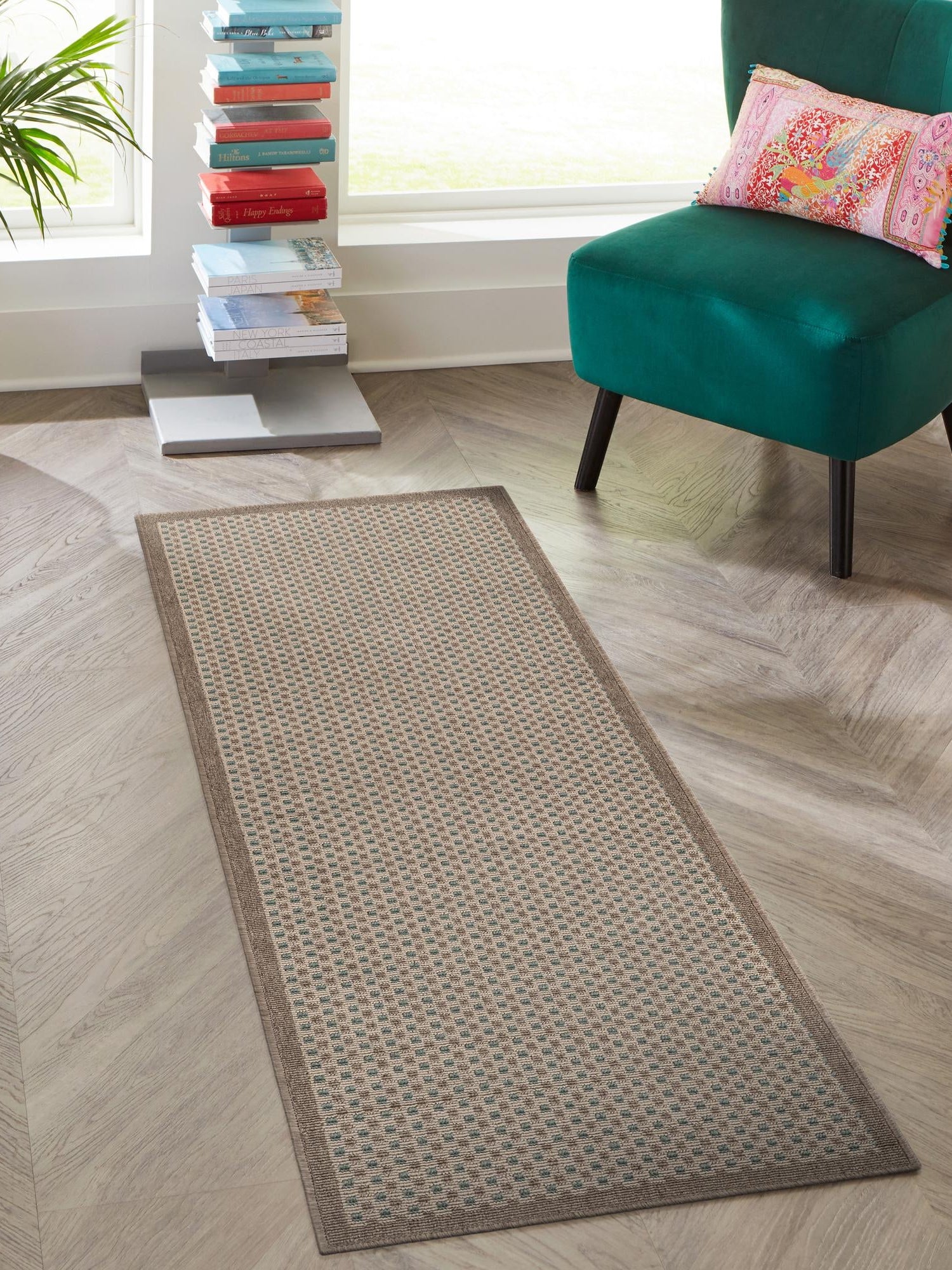Beige 2' x 8' Outdoor Border Runner Area Rug Weather Resistant for Patio, Deck, Terrace, Balcony, Porch 100% Polypropylene Classic Bordered Carpet for Sale at Rug Engine