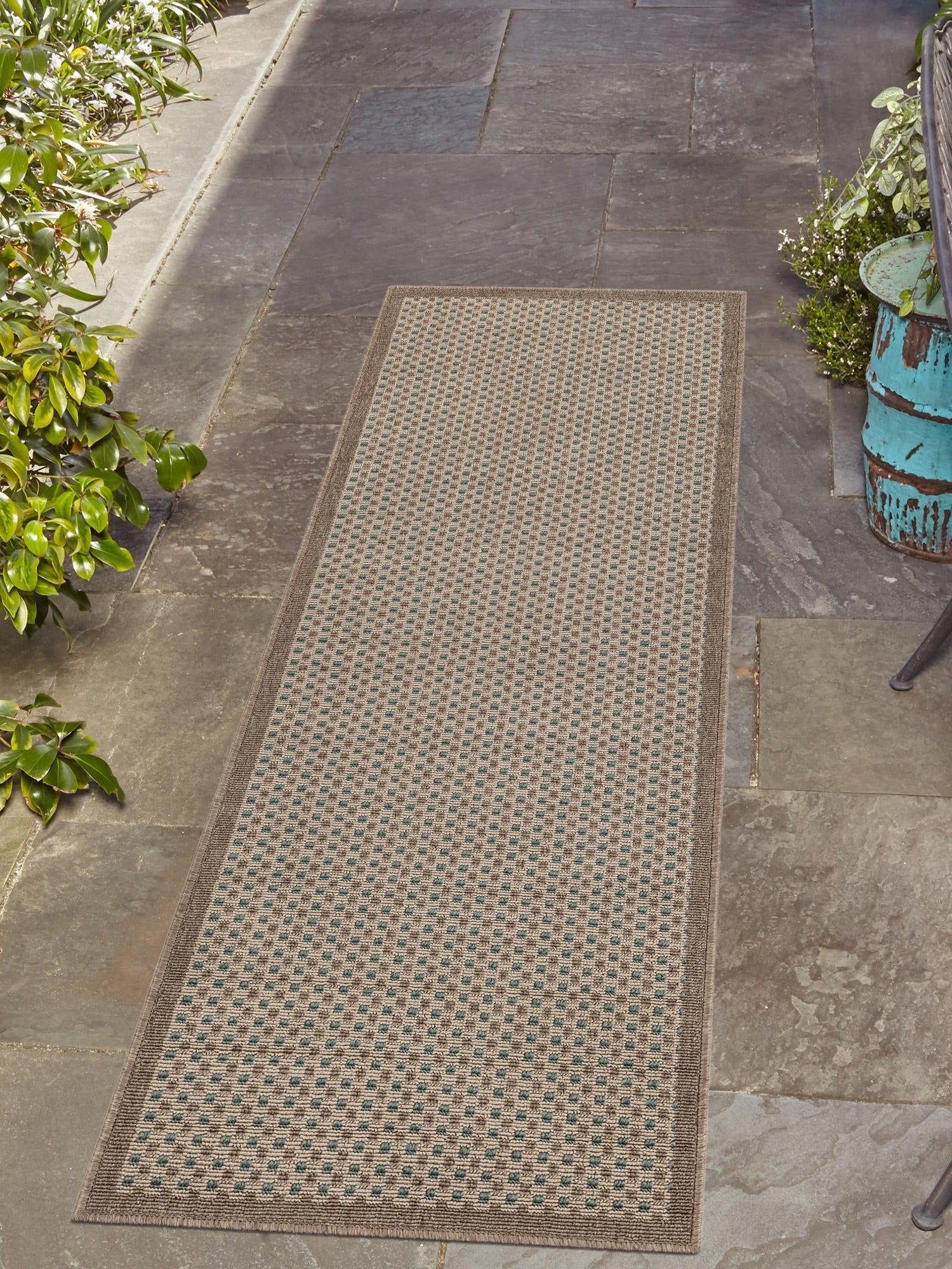 Beige 2' x 6' 1 Outdoor Border Runner Area Rug Weather Resistant for Patio, Deck, Terrace, Balcony, Porch 100% Polypropylene Classic Bordered Carpet for Sale at Rug Engine