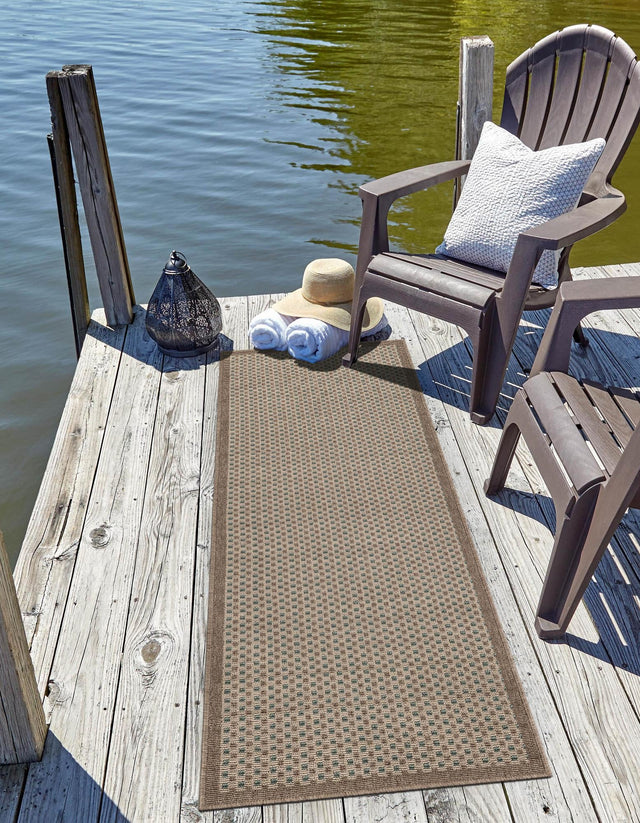 Beige 2' 7 x 12' Outdoor Border Runner Area Rug Weather Resistant for Patio, Deck, Terrace, Balcony, Porch 100% Polypropylene Classic Bordered Carpet for Sale at Rug Engine