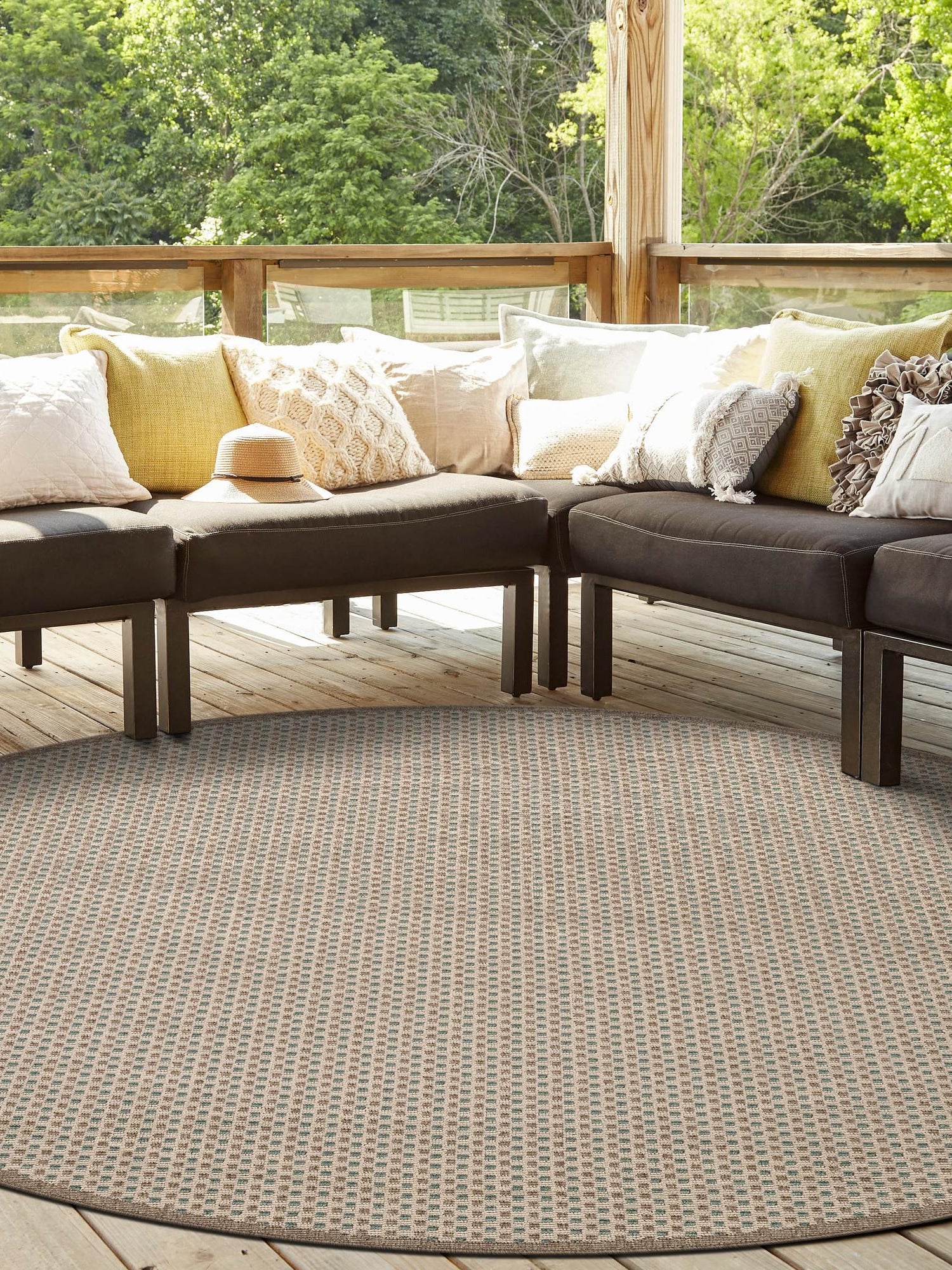 Beige 4' 1 x 4' 1 Outdoor Border Round Area Rug Weather Resistant for Patio, Deck, Terrace, Balcony, Porch 100% Polypropylene Classic Bordered Carpet for Sale at Rug Engine