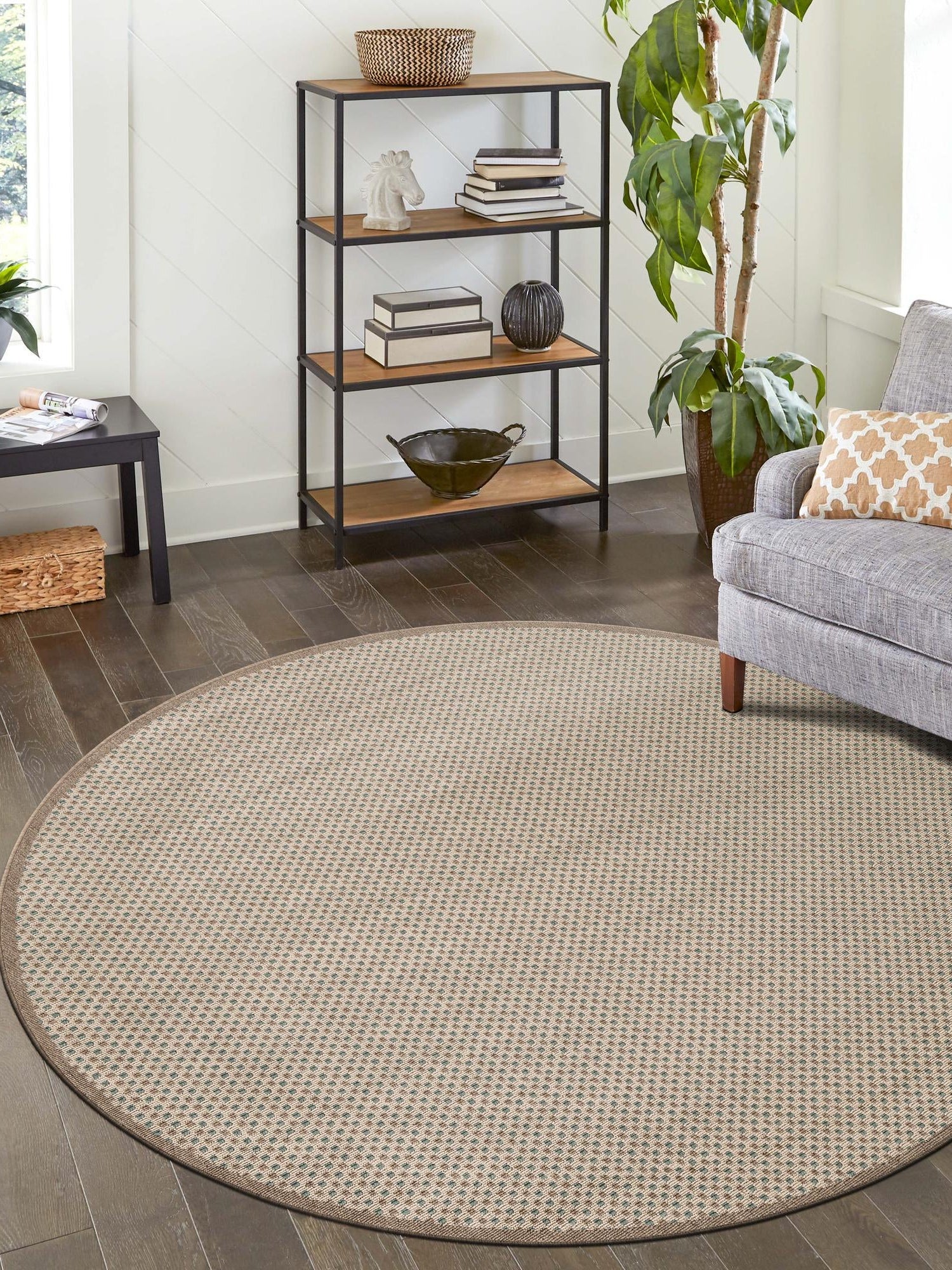 Beige 6' 1 x 6' 1 Outdoor Border Round Area Rug Weather Resistant for Patio, Deck, Terrace, Balcony, Porch 100% Polypropylene Classic Bordered Carpet for Sale at Rug Engine