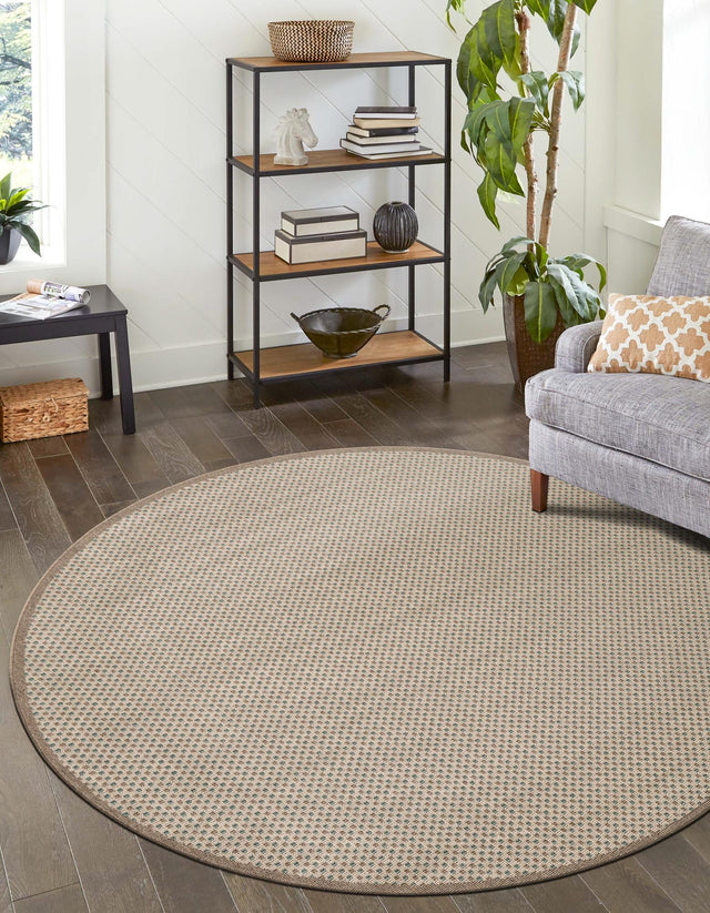 Beige 6' 1 x 6' 1 Outdoor Border Round Area Rug Weather Resistant for Patio, Deck, Terrace, Balcony, Porch 100% Polypropylene Classic Bordered Carpet for Sale at Rug Engine
