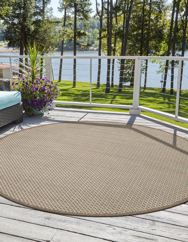 Beige 5' 1 x 5' 1 Outdoor Border Round Area Rug Weather Resistant for Patio, Deck, Terrace, Balcony, Porch 100% Polypropylene Classic Bordered Carpet for Sale at Rug Engine