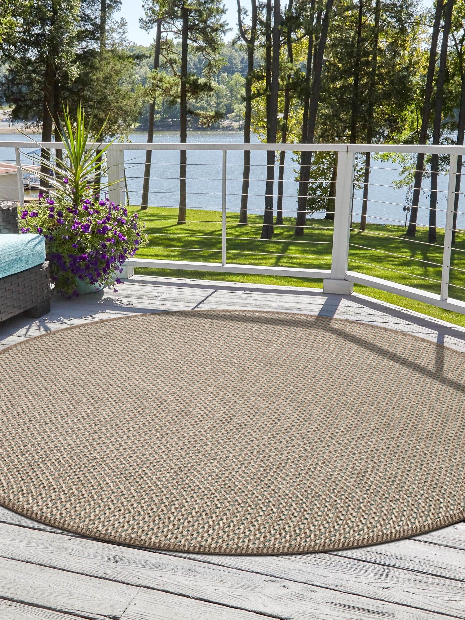Beige 3' 1 x 3' 1 Outdoor Border Round Area Rug Weather Resistant for Patio, Deck, Terrace, Balcony, Porch 100% Polypropylene Classic Bordered Carpet for Sale at Rug Engine