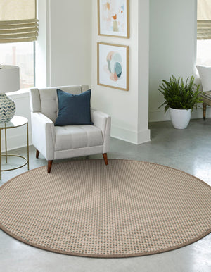 Beige 5' 1 x 5' 1 Outdoor Border Round Area Rug Weather Resistant for Patio, Deck, Terrace, Balcony, Porch 100% Polypropylene Classic Bordered Carpet for Sale at Rug Engine