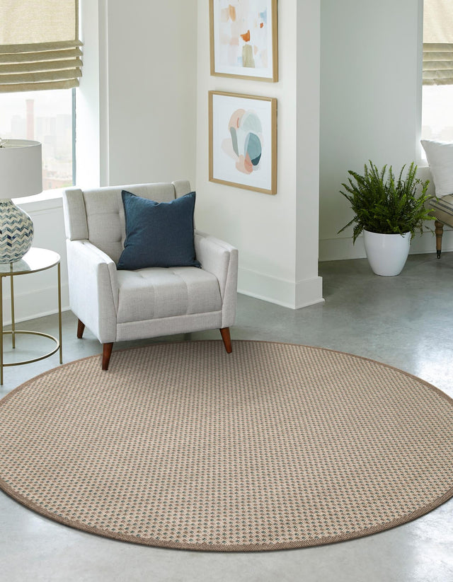 Beige 5' 1 x 5' 1 Outdoor Border Round Area Rug Weather Resistant for Patio, Deck, Terrace, Balcony, Porch 100% Polypropylene Classic Bordered Carpet for Sale at Rug Engine