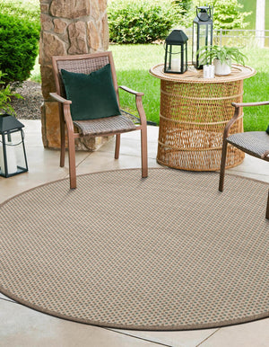 Beige 5' 1 x 5' 1 Outdoor Border Round Area Rug Weather Resistant for Patio, Deck, Terrace, Balcony, Porch 100% Polypropylene Classic Bordered Carpet for Sale at Rug Engine