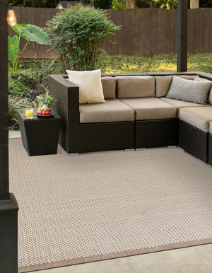 Beige 7' 10 x 7' 10 Outdoor Border Square Area Rug Weather Resistant for Patio, Deck, Terrace, Balcony, Porch 100% Polypropylene Classic Bordered Carpet for Sale at Rug Engine