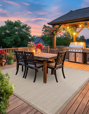 Beige 7' 10 x 7' 10 Outdoor Border Square Area Rug Weather Resistant for Patio, Deck, Terrace, Balcony, Porch 100% Polypropylene Classic Bordered Carpet for Sale at Rug Engine