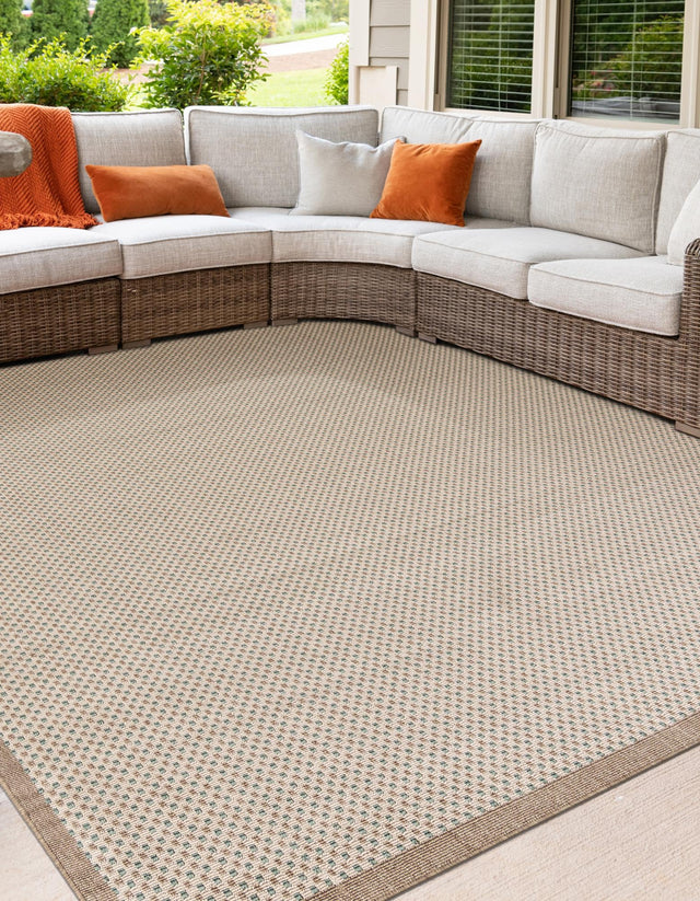 Beige 7' 10 x 7' 10 Outdoor Border Square Area Rug Weather Resistant for Patio, Deck, Terrace, Balcony, Porch 100% Polypropylene Classic Bordered Carpet for Sale at Rug Engine
