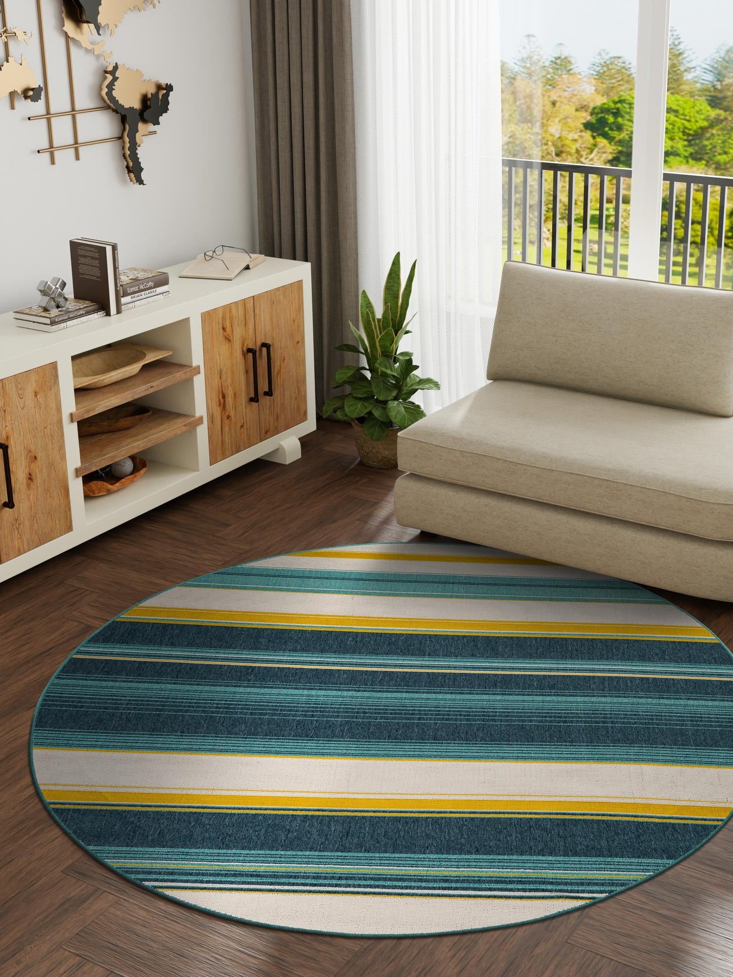 Multicolor 7' 10 x 7' 10 Outdoor Border Round Area Rug Weather Resistant for Patio, Deck, Terrace, Balcony, Porch 100% Polypropylene Classic Bordered Carpet for Sale at Rug Engine