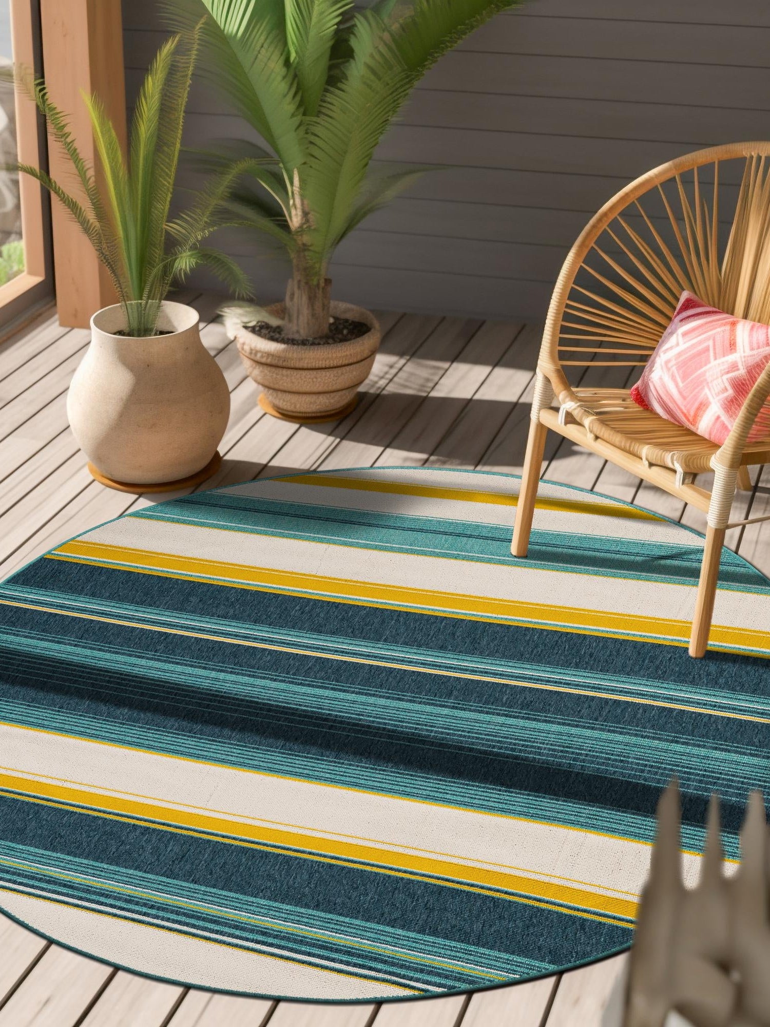 Multicolor 4' 1 x 4' 1 Outdoor Border Round Area Rug Weather Resistant for Patio, Deck, Terrace, Balcony, Porch 100% Polypropylene Classic Bordered Carpet for Sale at Rug Engine