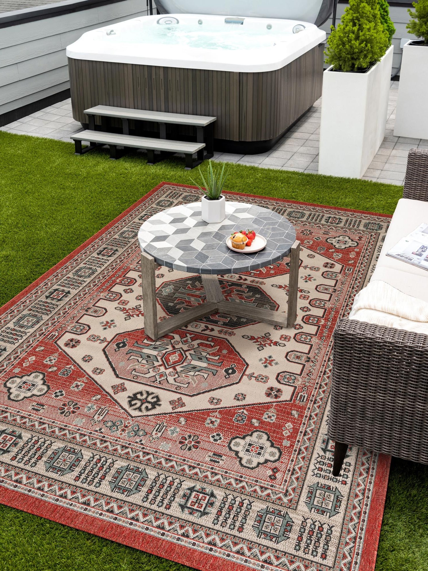 Multicolor 6' 1 x 9' Outdoor Traditional Rectangle Area Rug Weather Resistant for Patio, Deck, Terrace, Balcony, Porch Classical Design Outside Carpet for Sale at Rug Engine
