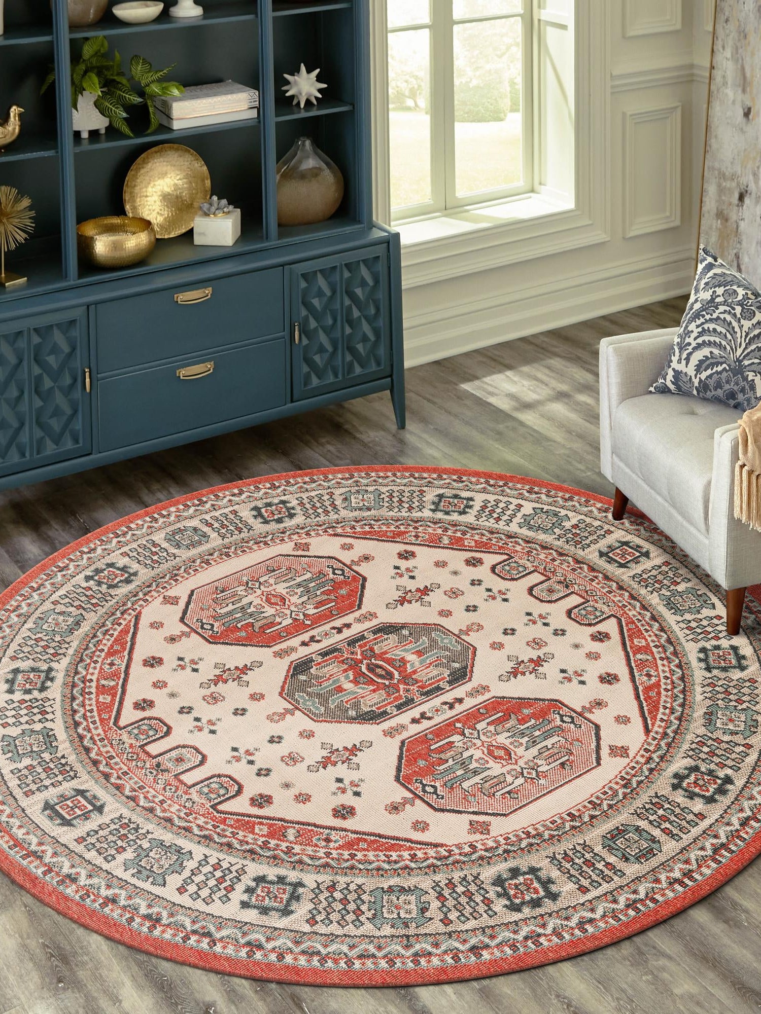 Multicolor 5' 1 x 5' 1 Outdoor Traditional Round Area Rug Weather Resistant for Patio, Deck, Terrace, Balcony, Porch Classical Design Outside Carpet for Sale at Rug Engine