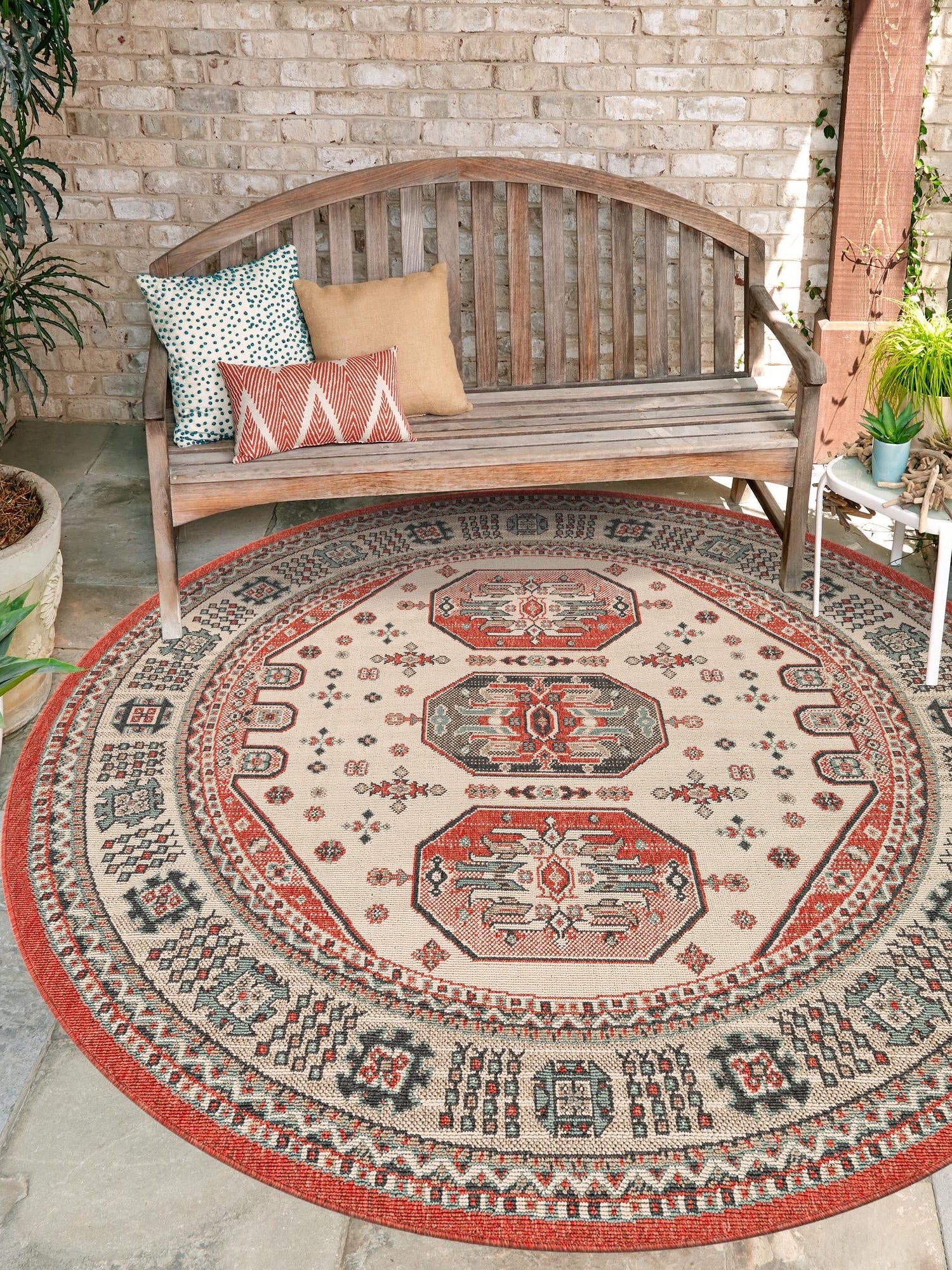 Multicolor 5' 1 x 5' 1 Outdoor Traditional Round Area Rug Weather Resistant for Patio, Deck, Terrace, Balcony, Porch Classical Design Outside Carpet for Sale at Rug Engine