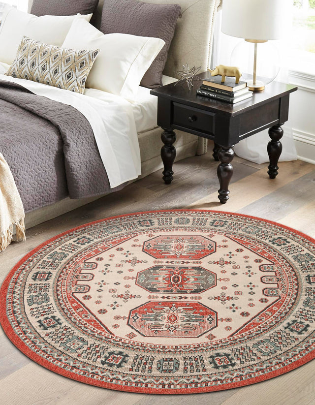 Multicolor 7' 10 x 7' 10 Outdoor Traditional Round Area Rug Weather Resistant for Patio, Deck, Terrace, Balcony, Porch Classical Design Outside Carpet for Sale at Rug Engine