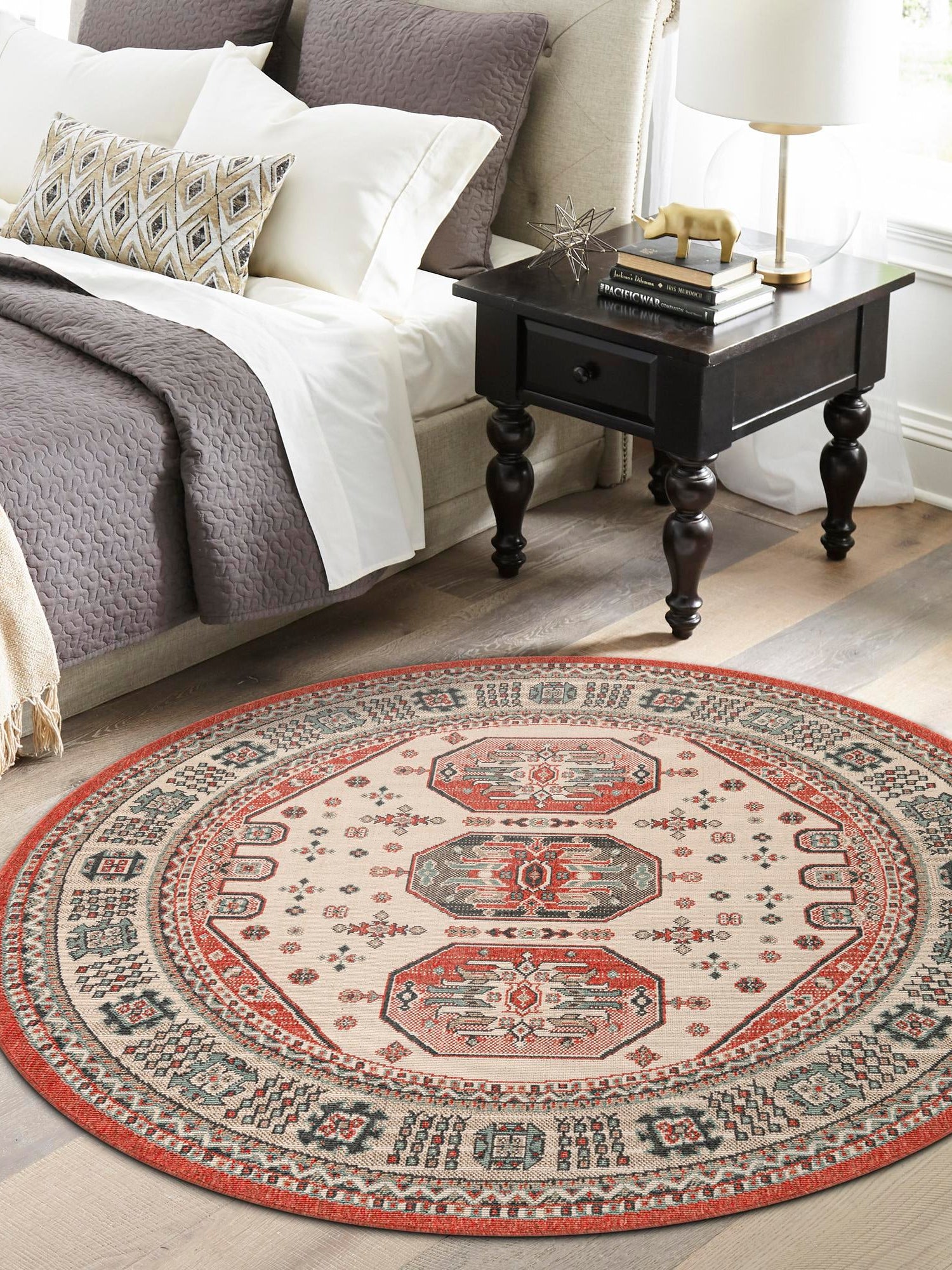 Multicolor 6' 1 x 6' 1 Outdoor Traditional Round Area Rug Weather Resistant for Patio, Deck, Terrace, Balcony, Porch Classical Design Outside Carpet for Sale at Rug Engine