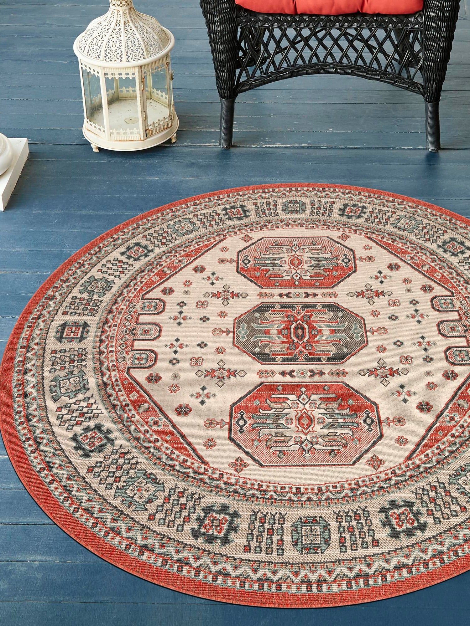 Multicolor 6' 1 x 6' 1 Outdoor Traditional Round Area Rug Weather Resistant for Patio, Deck, Terrace, Balcony, Porch Classical Design Outside Carpet for Sale at Rug Engine
