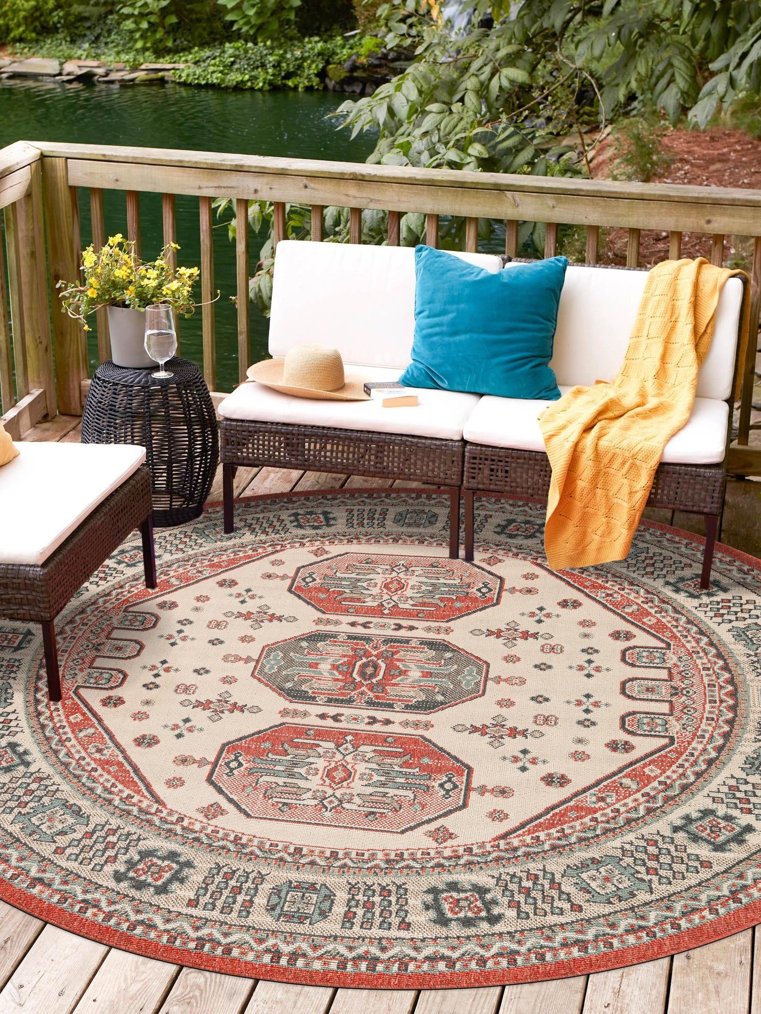 Multicolor 5' 1 x 5' 1 Outdoor Traditional Round Area Rug Weather Resistant for Patio, Deck, Terrace, Balcony, Porch Classical Design Outside Carpet for Sale at Rug Engine