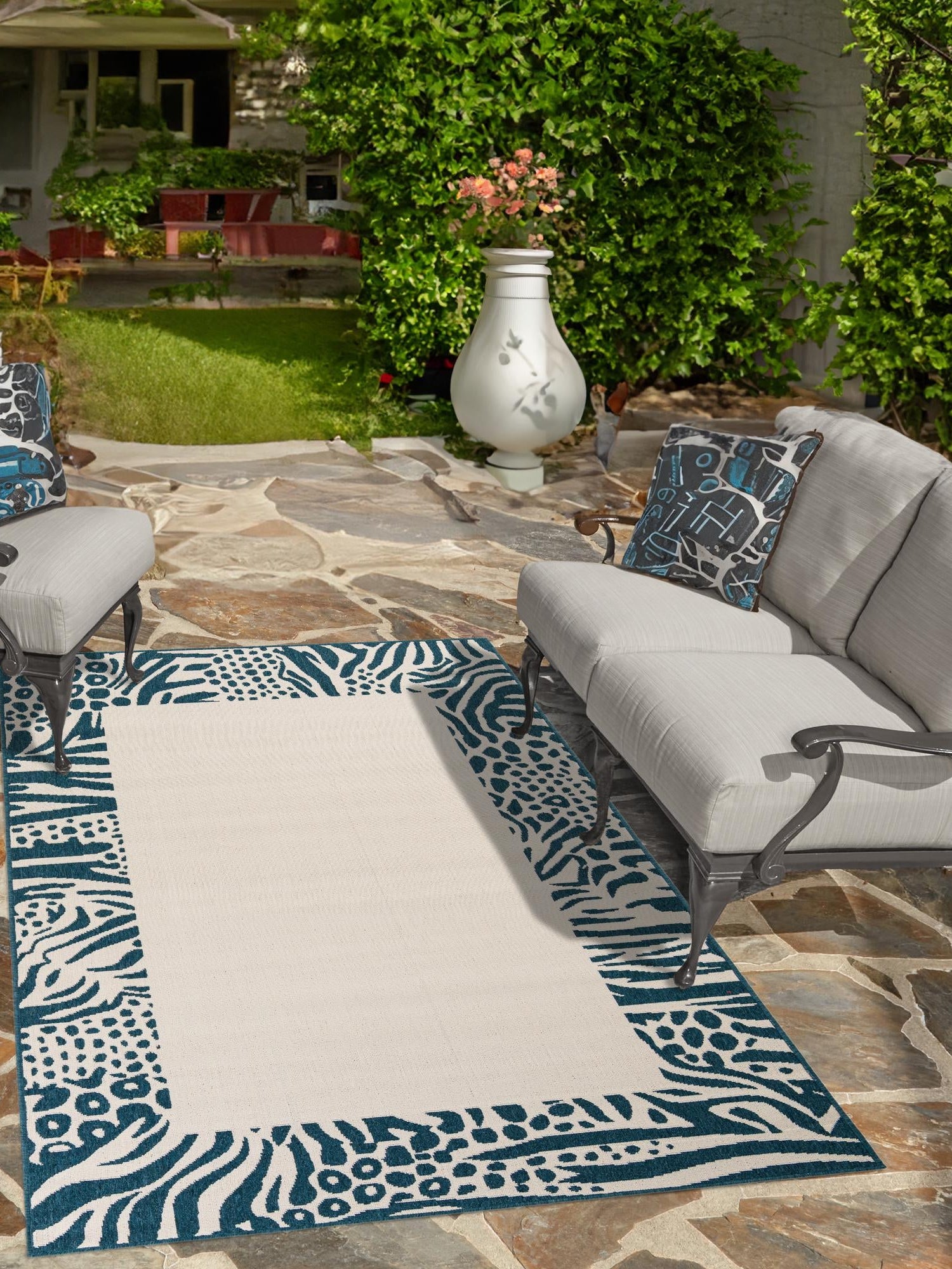 Ivory 7' 10 x 10' Outdoor Safari Rectangle Area Rug Weather Resistant for Patio, Deck, Terrace, Balcony, Porch Animal Print Wildlife Nature Carpet for Sale at Rug Engine