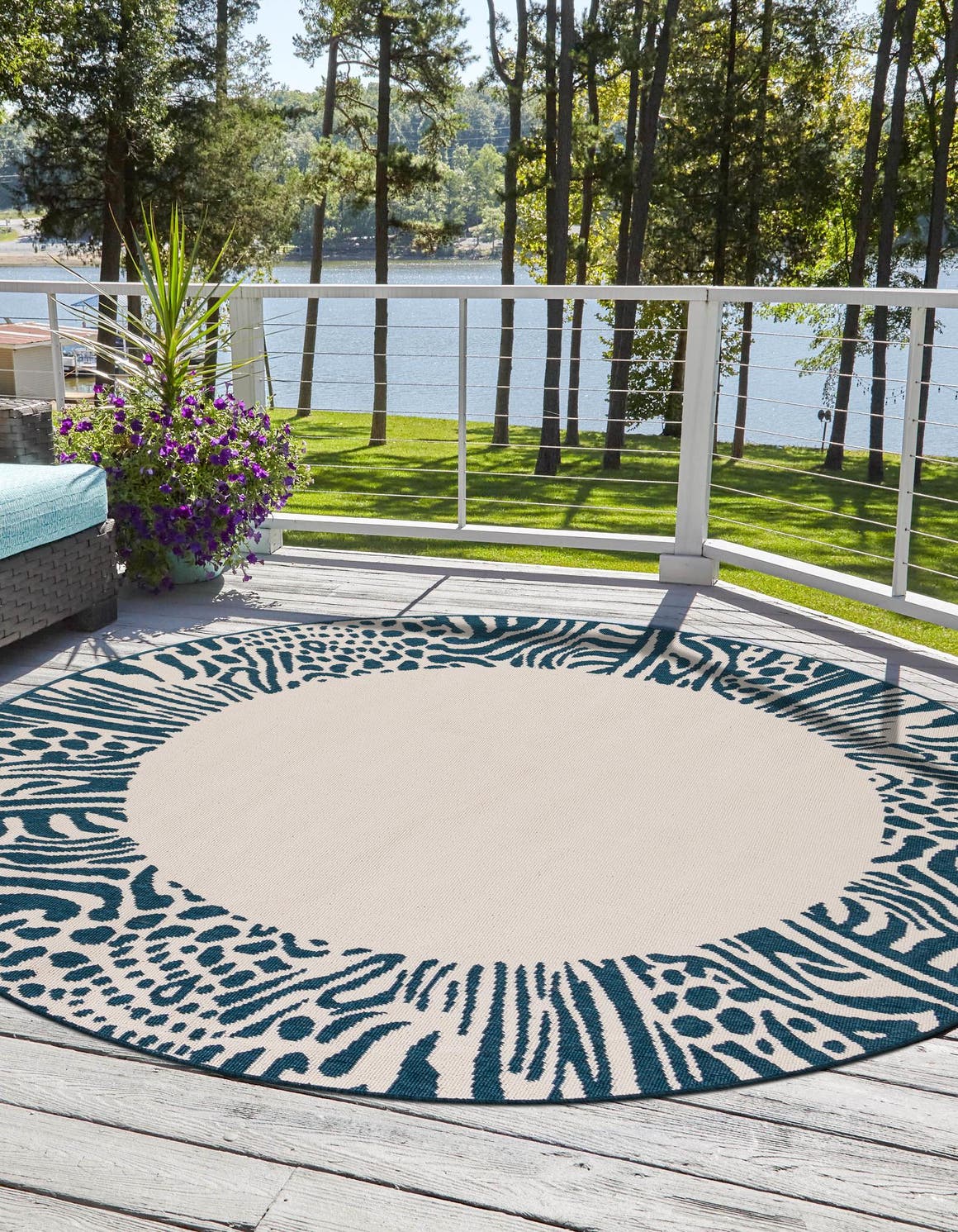 Ivory 7' 10 x 7' 10 Outdoor Safari Round Area Rug Weather Resistant for Patio, Deck, Terrace, Balcony, Porch Animal Print Wildlife Nature Carpet for Sale at Rug Engine