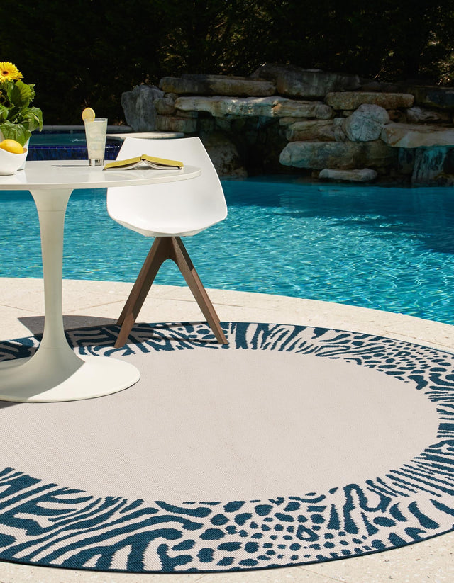 Ivory 5' 1 x 5' 1 Outdoor Safari Round Area Rug Weather Resistant for Patio, Deck, Terrace, Balcony, Porch Animal Print Wildlife Nature Carpet for Sale at Rug Engine