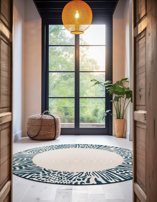 Ivory 6' 1 x 6' 1 Outdoor Safari Round Area Rug Weather Resistant for Patio, Deck, Terrace, Balcony, Porch Animal Print Wildlife Nature Carpet for Sale at Rug Engine