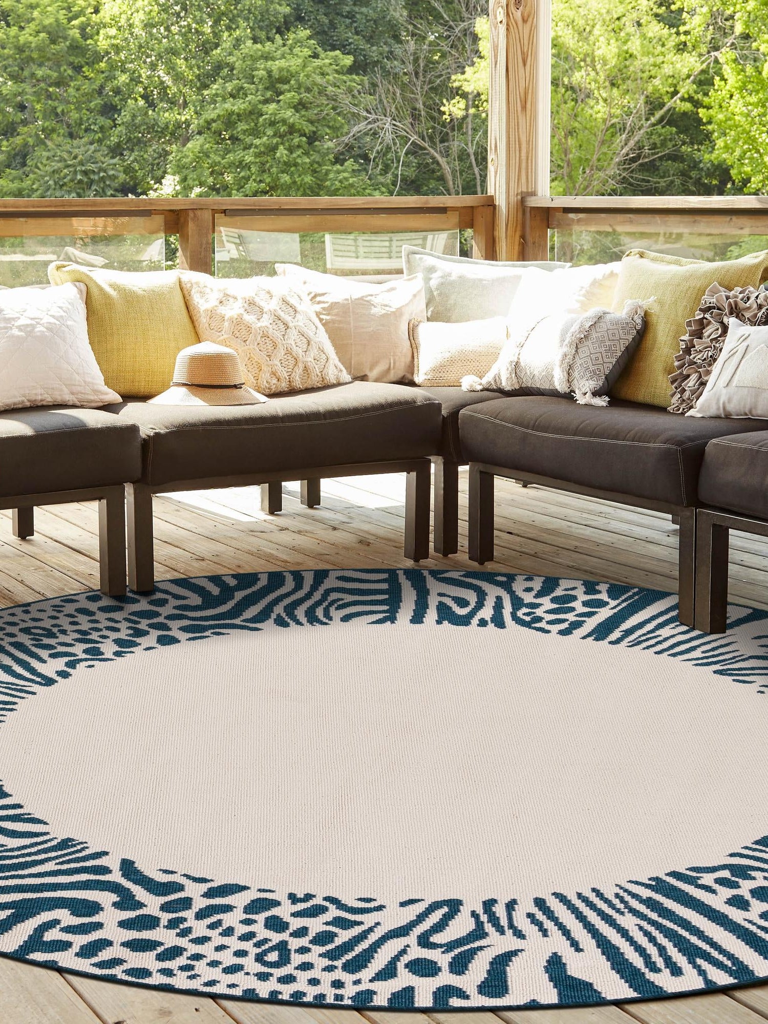 Ivory 7' 10 x 7' 10 Outdoor Safari Round Area Rug Weather Resistant for Patio, Deck, Terrace, Balcony, Porch Animal Print Wildlife Nature Carpet for Sale at Rug Engine