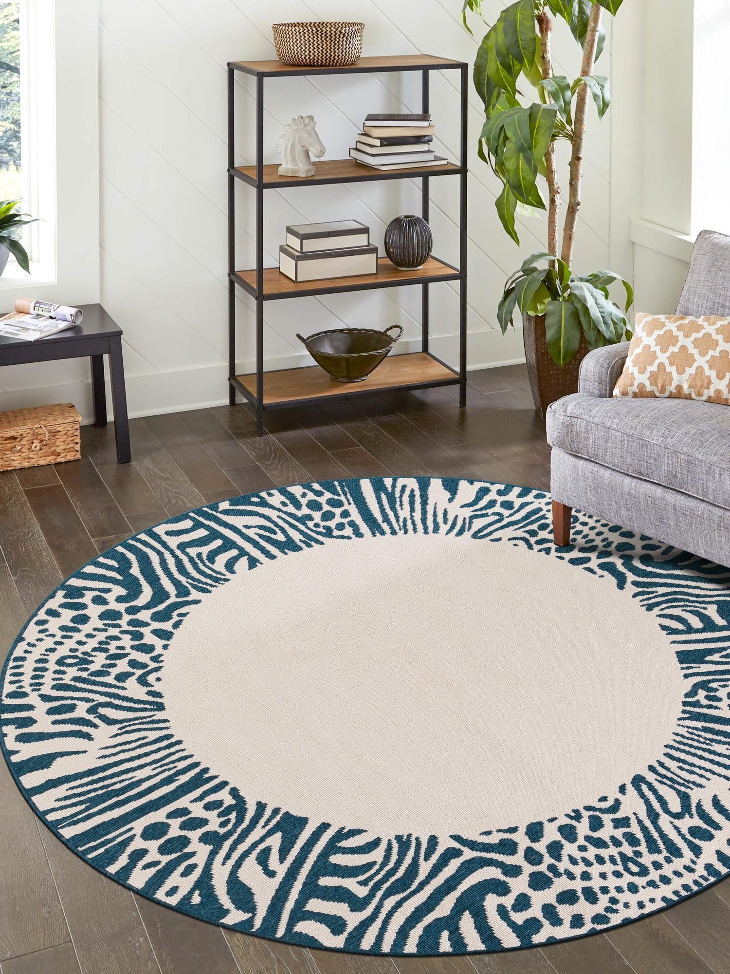 Ivory 5' 1 x 5' 1 Outdoor Safari Round Area Rug Weather Resistant for Patio, Deck, Terrace, Balcony, Porch Animal Print Wildlife Nature Carpet for Sale at Rug Engine