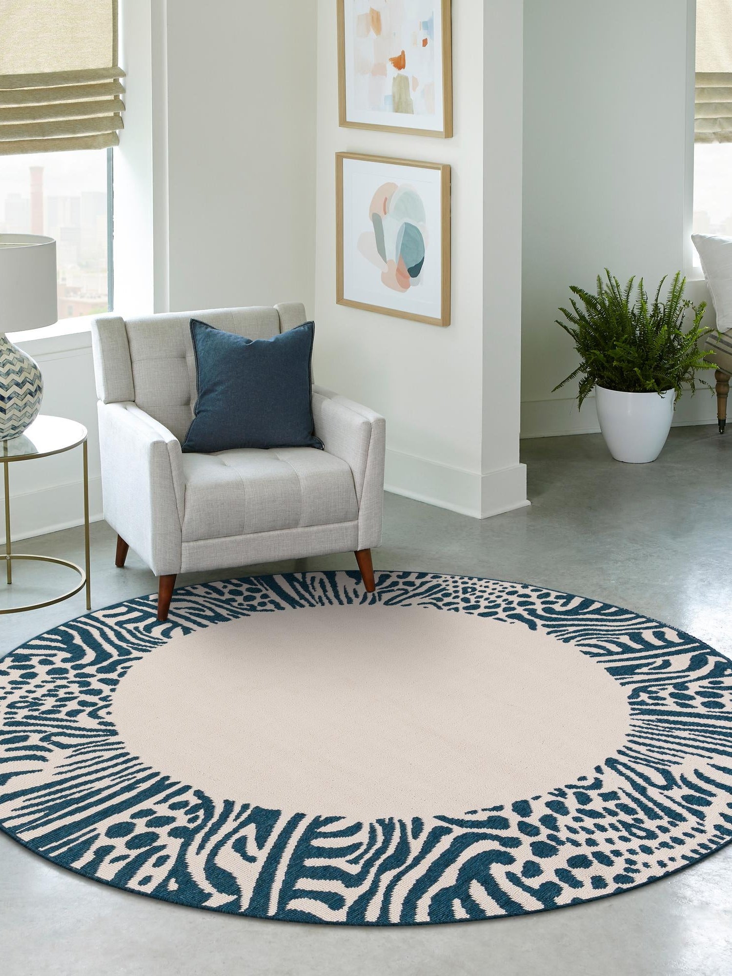 Ivory 7' 10 x 7' 10 Outdoor Safari Round Area Rug Weather Resistant for Patio, Deck, Terrace, Balcony, Porch Animal Print Wildlife Nature Carpet for Sale at Rug Engine