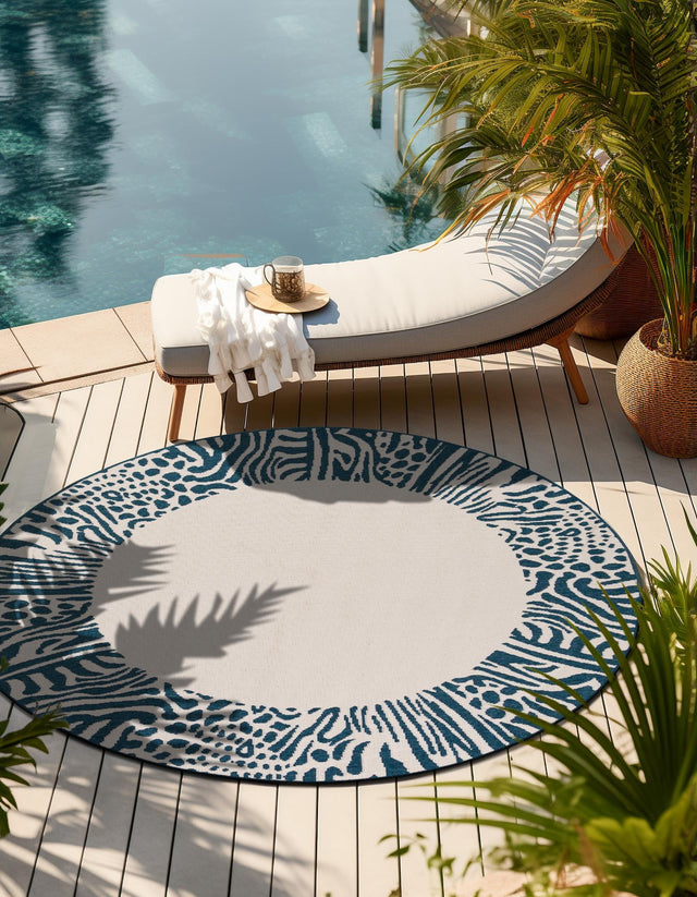 Ivory 6' 1 x 6' 1 Outdoor Safari Round Area Rug Weather Resistant for Patio, Deck, Terrace, Balcony, Porch Animal Print Wildlife Nature Carpet for Sale at Rug Engine