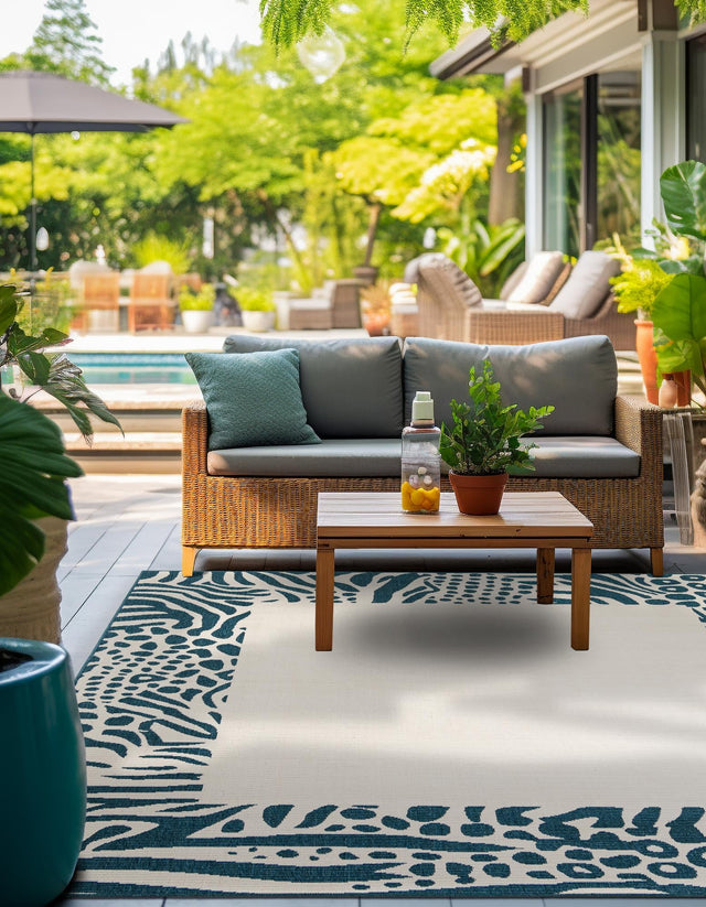 Ivory 7' 10 x 7' 10 Outdoor Safari Square Area Rug Weather Resistant for Patio, Deck, Terrace, Balcony, Porch Animal Print Wildlife Nature Carpet for Sale at Rug Engine